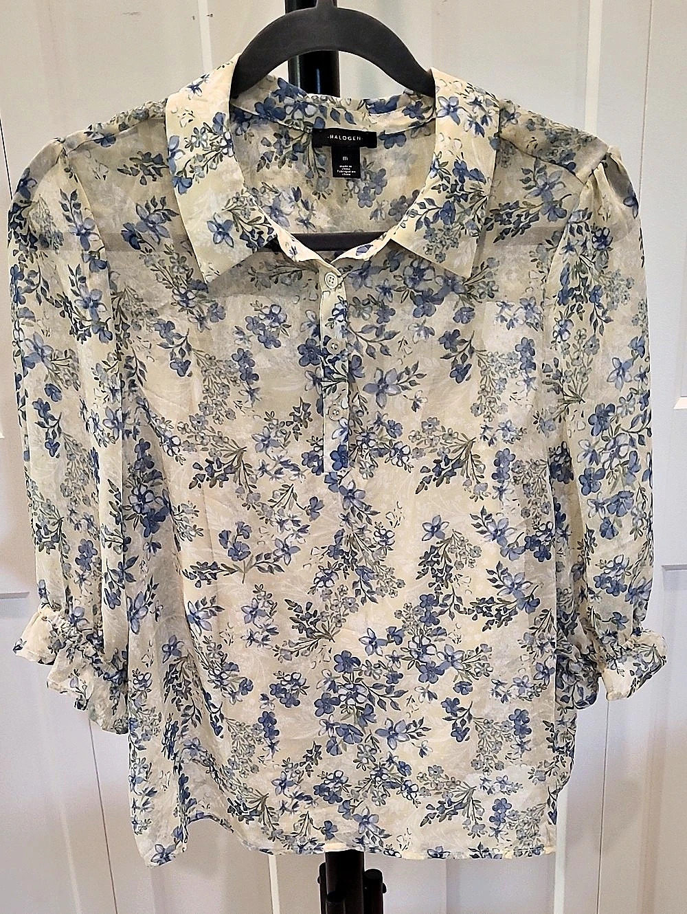Halogen Floral Blouse in Blue & Pale Yellow Size Medium